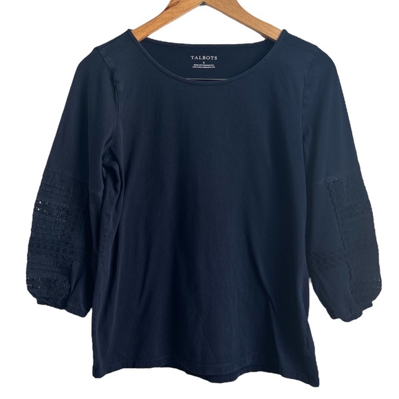 Talbots | Navy Top with Balloon Crochet Sleeves - Picture 1 of 8
